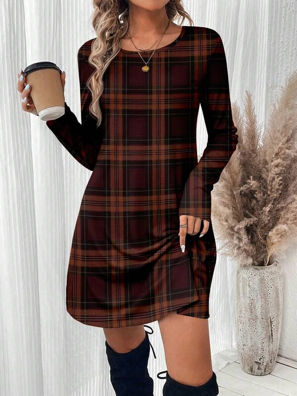 SHEIN LUNE Women's Casual Plaid Pattern Short Dress, Suitable For Autumn/Winter
