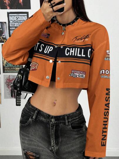 SHEIN PETITE 女士街头风印花摩托车短夹克