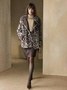 SHEIN LUNE Leopard Print Double-Breasted Pockets Faux Fur Long Sleeve Jacket, Autumn/Winter Mordern Party Winter Clothes For Women Winter New Year - Army Green - View 2