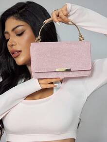 CUCCOO SZL 女士金屬手拿包,鏈條斜挎小方包,適用於晚宴派對,閃閃發光且時尚 - 粉色 - 查看 3