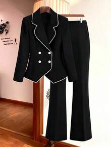 GlowEve CURVE Plus Size Women's Elegant Office Commute Faux Pearl Decor Lapel Collar Double-Breasted Blazer Jacket And Flared Suit Pants 2-Piece Set - Black - View 1