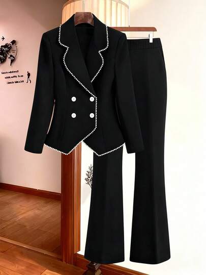 GlowEve CURVE 大码女式优雅办公室通勤仿珍珠装饰翻领双排扣西装外套和喇叭裤两件套