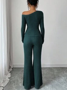 Selianne 女款優雅深綠色兩件套，不對稱肩褶皺下擺金屬裝飾羅紋針織長袖T恤與喇叭褲，秋季早午餐穿搭 - 水鴨藍 - 查看 2