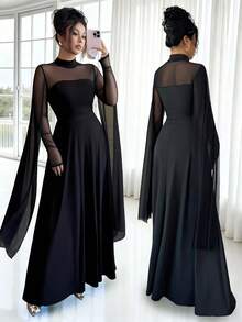 Rafferiza Đầm dự tiệc tay dài hai lớp dệt kim lưới chắp vá hình chữ X cổ cao thanh lịch dành cho nữ, mùa thu/đông - màu đen - Xem 1