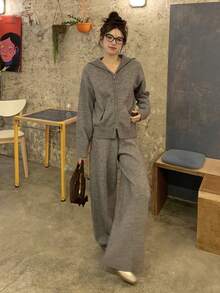 DAZY Bộ 2 món áo khoác cardigan trơn màu và quần len thường ngày cho nữ, Thu/Đông - Xám - Xem 5
