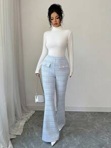 SHEIN Elenzya 2025 New Elegant French Style Blue Plaid Elastic Tweed Design Waist Cinching Slim Fit Pearl Button Elastic Waist Flared Casual Versatile Metallic Thread Holiday Autumn Women Pants - Blue and White - View 4