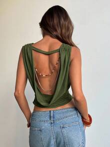 Aloruh Áo tank top không tay hở lưng dành cho nữ, thiết kế đính cườm, màu xanh ô liu trơn, phong cách bohemian, gợi cảm và thanh lịch, đa năng. - Màu xanh lá cây đậm - Xem 7