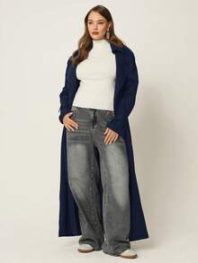 Auralis 大码时尚纯色腰带风衣 - 藏蓝色 - 查看 9