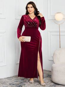 Modelyn Vestido elegante con abertura alta y adornos de strass para tallas grandes - Burdeos - Ver 4