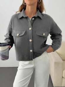 EURMUSE Solid Color, Gold Button Details, Coat - Light Grey - View 5