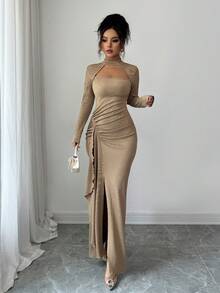 Elenzga Women's Elegant Fashion Commuter Hollow Front Flared Hem Dress, Ruffled Texture Knit Maxi Dress Suitable For Afternoon Tea, Date, Thanksgiving, Back To School Occasion Fall Cloth For Women - Khaki - View 6