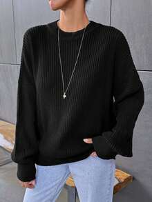 EURMUSE Casual Solid Color Drop Shoulder Sweater, Autumn/Winter - Black - View 5