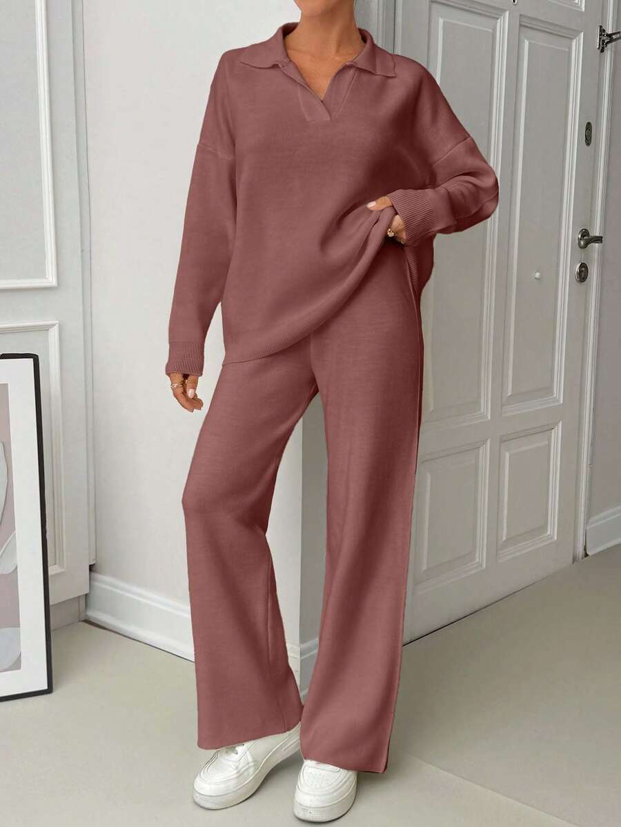 EURMUSE Woman Loose Fit Comfy Warm Thick Polo Neck Sweater And Pants Co-Ords Two Pieces Set - Dusty Pink - View 1