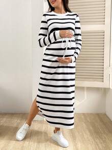 SHEIN 孕妇圆领宽松条纹休闲连衣裙 - 黑與白 - 查看 4
