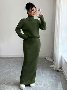 Elenzga 2pcs Women Classic Ribbed Texture Casual Knit Sweater Set, Autumn/Winter - Army Green - View 4