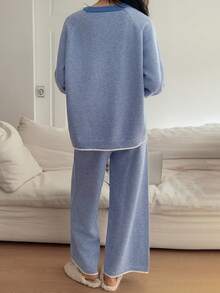 DAZY 女士宽松条纹提花针织家居服套装，冬季 - 藍色 - 查看 2