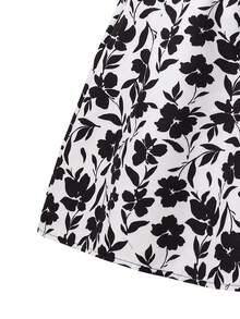 SHEIN Tween Girl Mandarin Collar Raglan Puff Sleeve Casual Floral Patchwork Print Dress - Black - View 5