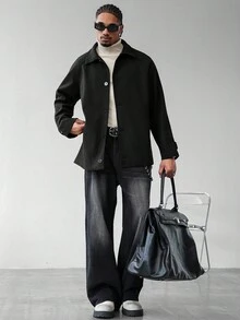 Marvello Homme Men's Long Sleeve Casual Solid Color Single-Breasted Overcoat, Autumn Black Jacket - Black - View 4