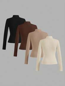SHEIN Essnce Set de 4 suéteres de cuello alto ajustados y versátiles de unicolor para mujer, para otoño/invierno - Multicolor - Ver 2