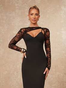 Lumalex Winter Fall Asymmetrical Lace Patchwork Long Sleeve V-Neck Bodycon Dress For Women Long Sleeve Formal Dress Black Long Dress Elegant Black Formal Evening Gown Black Wedding Guest Dress  Luxury Prom Gathering Party Banquet Modest Old Money Coquette Glitter Holiday Party Rave Festival Outing Vacation Hot Outdoor Richly Layered Wedding Season Banquet ID Al-Adha Al-Adha Party New Year ANCORA Red Bordeaux Red BURGUNDY Red Party Must Have Perfect For Frosty Days - Black - View 1