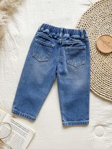 Vintaside Kids Baby Girl Casual Washed Floral Embroidered Denim Jeans - Dark Wash - View 2
