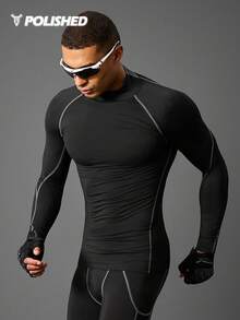 Acti Log Camiseta de manga larga casual de estilo novio para hombre con cuello alto, manga raglán y unicolor, para fitness, escuela, compresión, holográfica, lisa, ejercicio, entrenamiento, otoño, camiseta de compresión transpirable y ajustada, cuello redondo de otoño - Negro - Ver 7