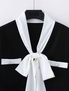 GlowEve Set elegant de 2 piese pentru femei, jachetă și pantaloni lungi cu guler și nod în față, toamnă/iarnă - Alb-negru - Vizualizare 3