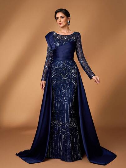 Serin Elegant Luxurious Beaded & Sequin Floral Patchwork Satin Sleeve Mermaid Maxi Dress With Flared Hem, Suitable For Weddings, Parties, Vacations, Galas, Bridal Shower, Mother Of The Bride Formal Gown