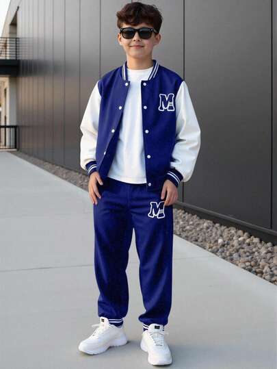 SHEIN Vacaura Conjunto de chaqueta y pantalones con bloque de color y estampado de letras para niño preadolescente