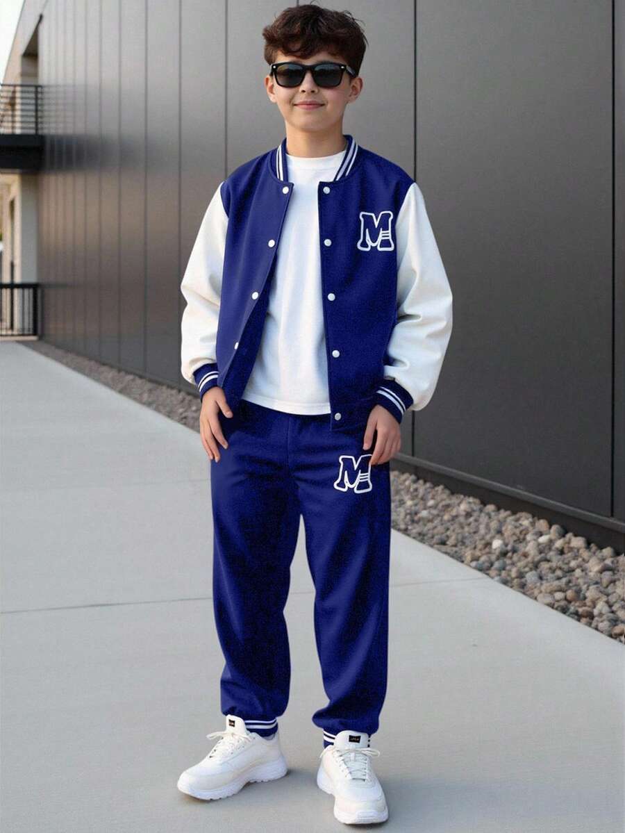 SHEIN Vacaura Tween Boy Color Block Letter Print Jacket And Pants Set - Royal Blue - View 1
