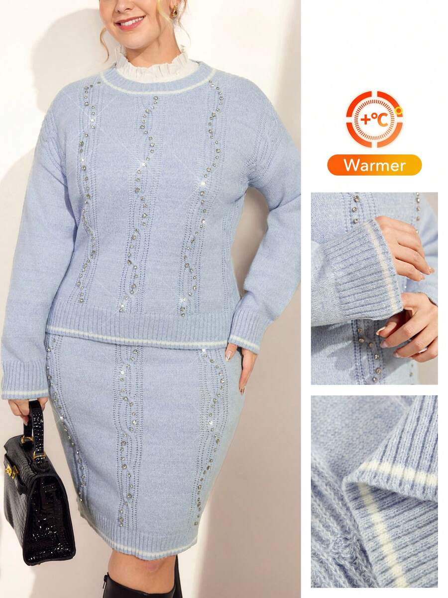 Momelise 全新优雅水钻装饰针织毛衣套装，精致设计，适合大码女装 - 藍色 - 查看 1