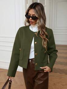Aveloria Modichic Minimalist Elegant Metal Decor Button Loose Pocket Short Round Neck Jacket, Commuter Style - Army Green - View 8
