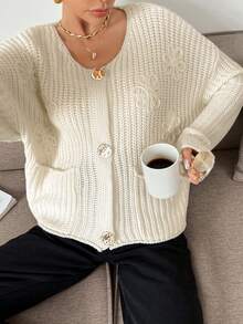 SHEIN Frenchy Women's Solid Color Minimalist Casual Cardigan,Winter Clothes For Women,Summer, Christmas , New Year,Party, Elegant,White , Casual,Sweaters For Women - Apricot - View 3