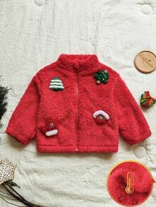 Vintaside Kids معطف بنات للأطفال بتصميم شجرة عيد الميلاد المزينة ثلاثية الأبعاد، مبطن بالفرو الناعم السميك الدافئ، بتصميم ريفي أنيق وعملي وملائم للجميع، مناسب لفصل الخريف/الشتاء - الأحمر - مشاهدة 3