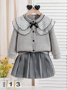 Genkimix Kids 两件套女童可爱波点网纱荷叶边领长袖外套，搭配蝴蝶结纽扣开衫和灰色百褶裙，舒适百搭，适合春季、秋季和开学季穿着，灰色开衫，秋冬季 - 灰色 - 查看 6