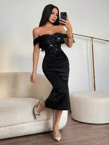 SHEIN PETITE Robe noire à épaules dénudées avec fente haute, avec des bretelles transparentes invisibles pour prévenir les accidents vestimentaires - Noir - Voir 7