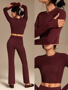 GLOWMODE FeatherFit™ 柔软弹力罗纹拼接长袖T恤，低冲击瑜伽普拉提工作室日常休闲穿着，可拆卸胸垫 - 酒紅色 - 查看 10