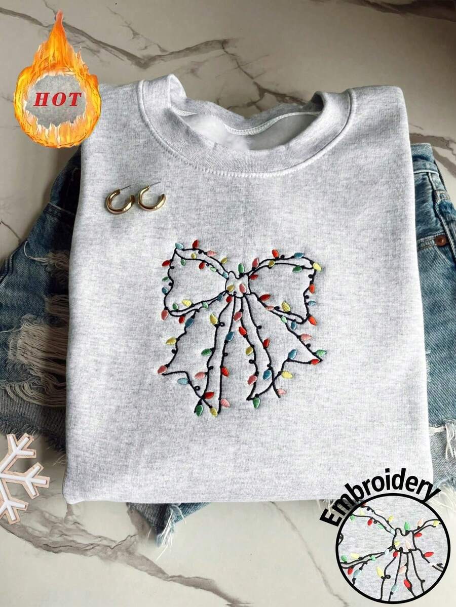 SuriyaCove Plus Size Women Warm Embroidered Crew Neck Long Sleeve Sweatshirt, Autumn/Winter - Light Grey - View 1