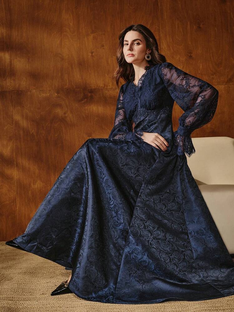Women's New Lace Floral Beaded Long Sleeve A-Line Dress, Elegant, Navy Blue, Suitable For Autumn, Winter, Spring And Summer