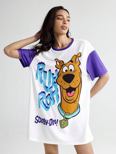 SCOOBY DOO Letter Cartoon Pattern Round Neck Short Sleeve Sleep Dress Shirt Women Character