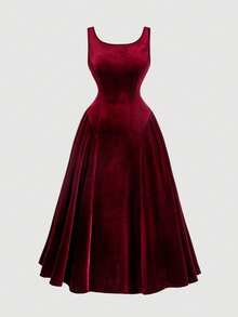 Plus Size Vintage Red Open Back Bow Tie A-Line Midi Dress, Wedding Dress, Date Dress, Valentine's Day Dress - Red - View 2