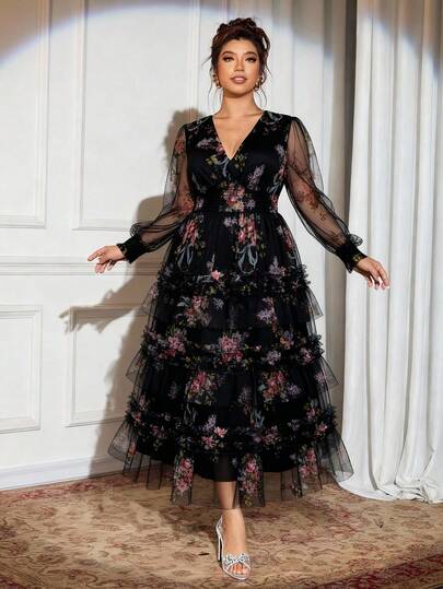 Elenzga New Mesh Floral Print Dress, Suitable For Evening Party, Date, Afternoon Tea, Birthday, Wedding, Elastic Waist, Plus Size Casual Dress