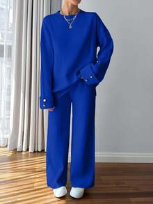 EURMUSE Women Button Detailed Sweater And Pant Set - Royal Blue - View 6
