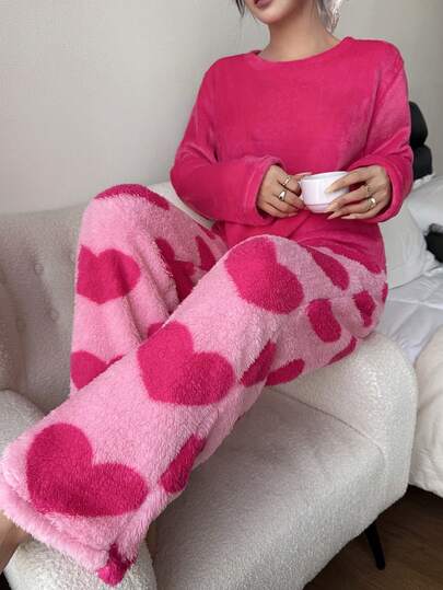 Dream Adore Ensemble de pyjama femme cosy en patchwork de cœurs, couleur unie, automne/hiver