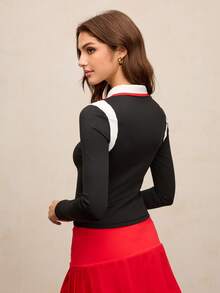 Activina Polo deportivo de manga larga con bloques de color para golf y tenis de mujer - Negro - Ver 3