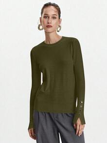 Lumivelle All-Match Round Neck Casual Chic Versatile Long Sleeve Knit Undershirt Army Green Tops Long Sleeve Top Button Top Solid Color Tops Office Winter - Olive Green - View 6