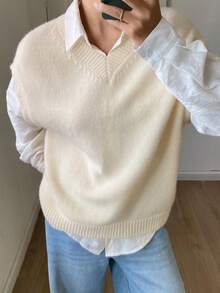 DAZY Rompi Sweater Wanita Kasual Warna Polos Leher V, Musim Gugur/Dingin - Krem - View 5