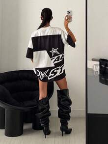 StreetHx Mesh Letter Print Contrast Color Casual Loose Sports T-Shirt - Black - View 2