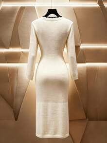 GlowEve CURVE Women's Autumn/Winter New V-Neck Ribbed Trim Pocket Design Fitted Mid-Length Elegant Lady Style Knit Sweater Dress - Apricot - View 2