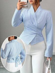 Elenzga Áo sơ mi dài tay sọc xanh trắng cổ chữ V thanh lịch dành cho nữ cỡ lớn - Xanh và trắng - Xem 1